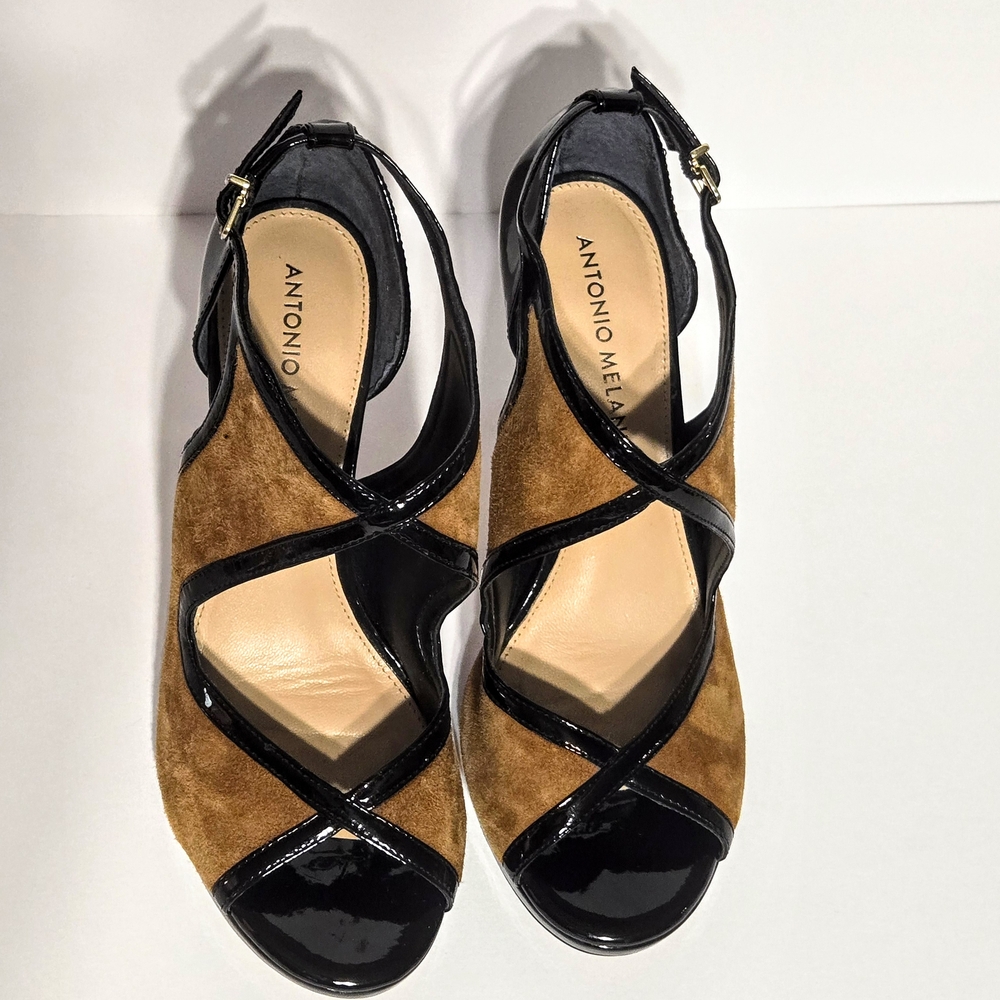 Antonio Melani Heels Black And Tan/Brown Strappy Peep-toe - Picture 5 of 8